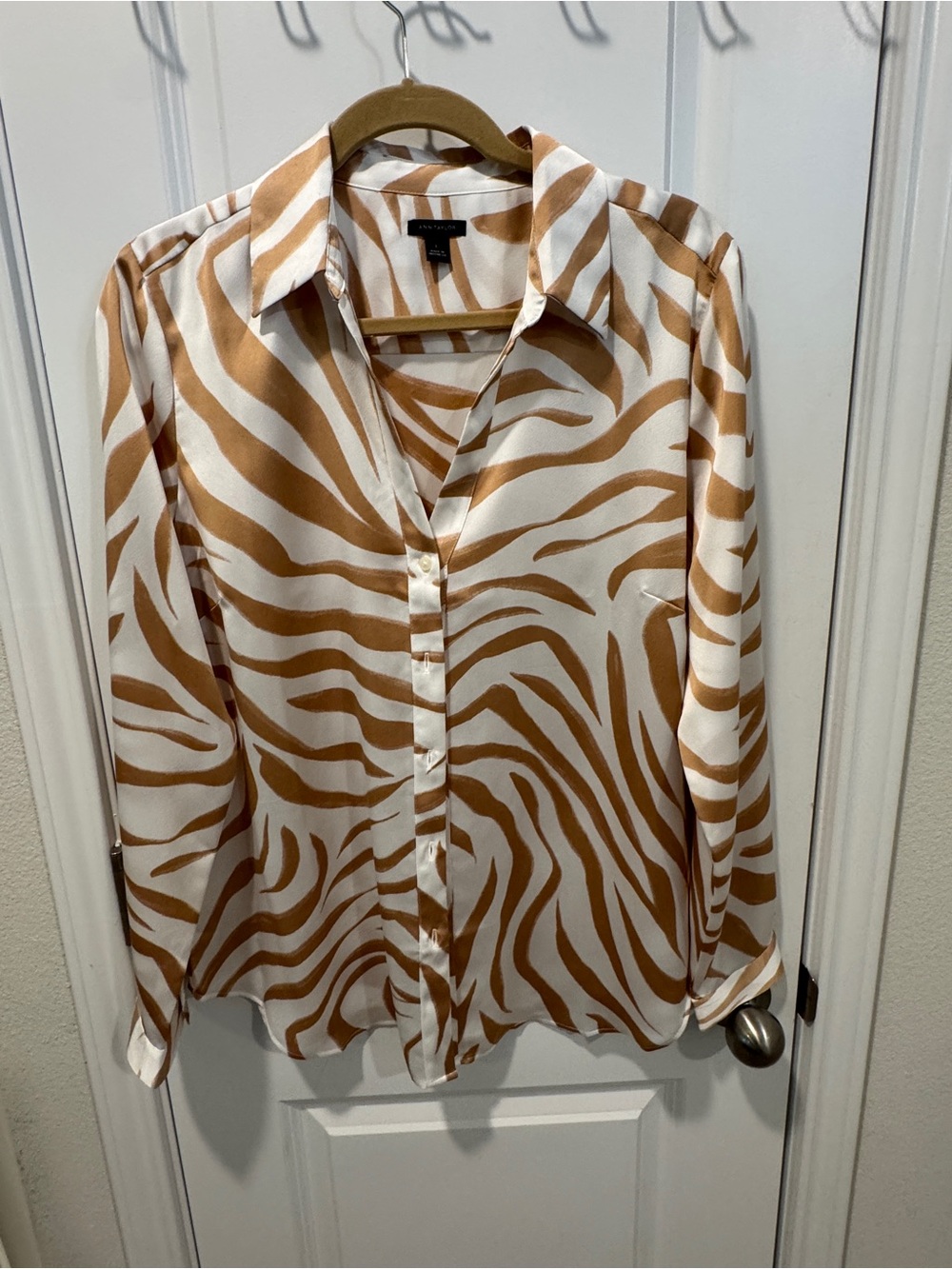 Ann Taylor Cream and Tan Zebra-Print Button Down Shirt
